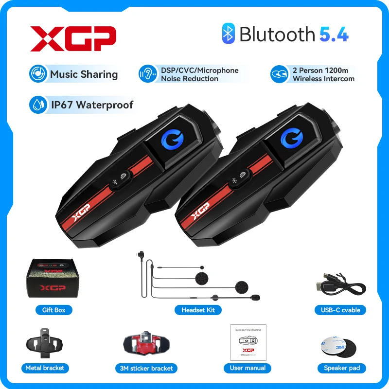 Casque de moto avec interphone Bluetooth XGP, commande vocale, réduction de bruit DSP/CVC/microphone, 1000 mAh, accessoires pour moto
