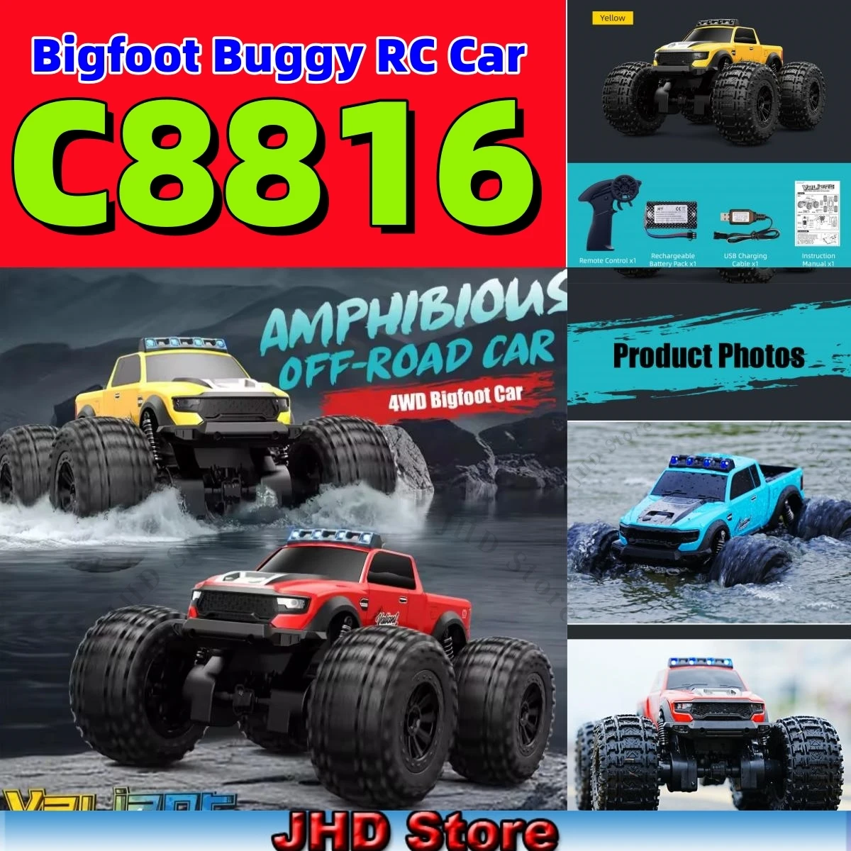 

JHD C8816 1:16 RC Amphibious Car 2.4G 50M Off-road For Water Grassland Dirt Mountain JJRC C8816 Waterproof Full Scale Racing