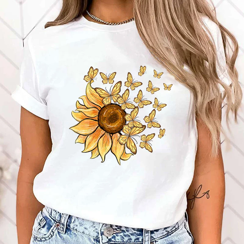 (Premium T-shirt)New Sunflower Butterfly Letter Print T-Shirt Women'S Fashion Casual Summer Cool Shirs Female Sunflower tops