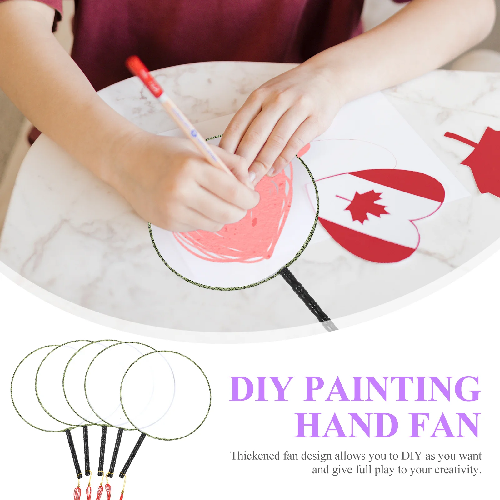 5Pcs Graffiti Painting Fan Made of Spun Silk Blank Design for Kids DIY Art Craft Activity 24Cm with Hanging Rope