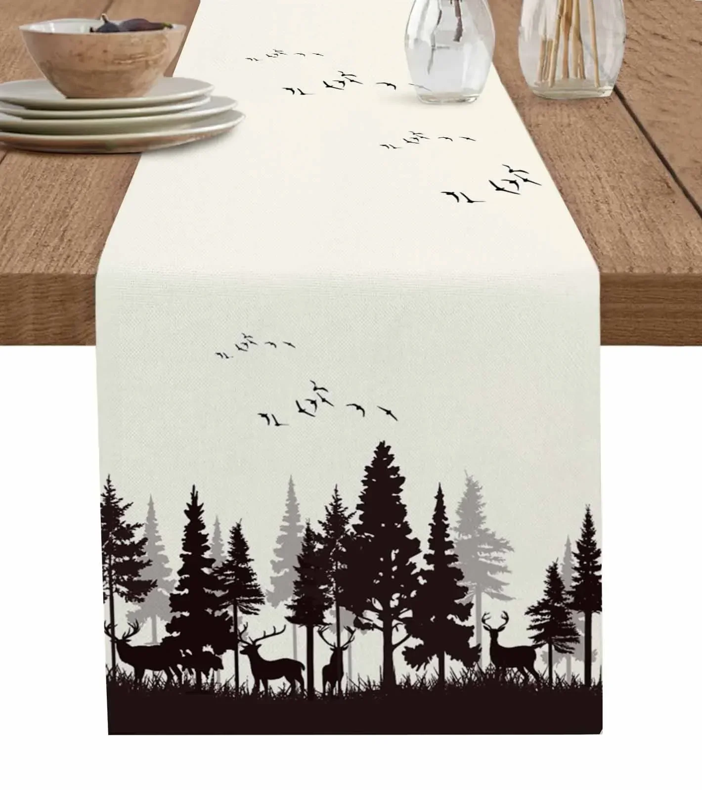 Forest Silhouette Deer Animal Bird Nature Table Runner Wedding Dining Table Decoration Table Runner Holiday Dining Tablecloth