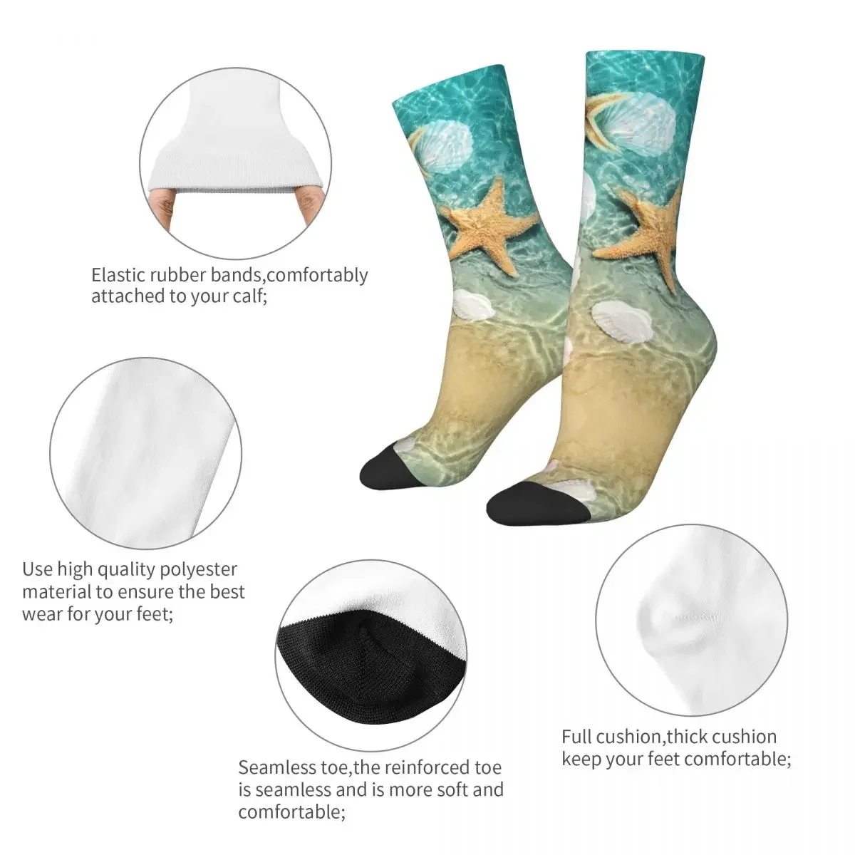 Casual Men Socks Starfish And Seashell On The Beach Merch Warm Summer Sea Graphic Stockings All Seasons Best Gift Idea