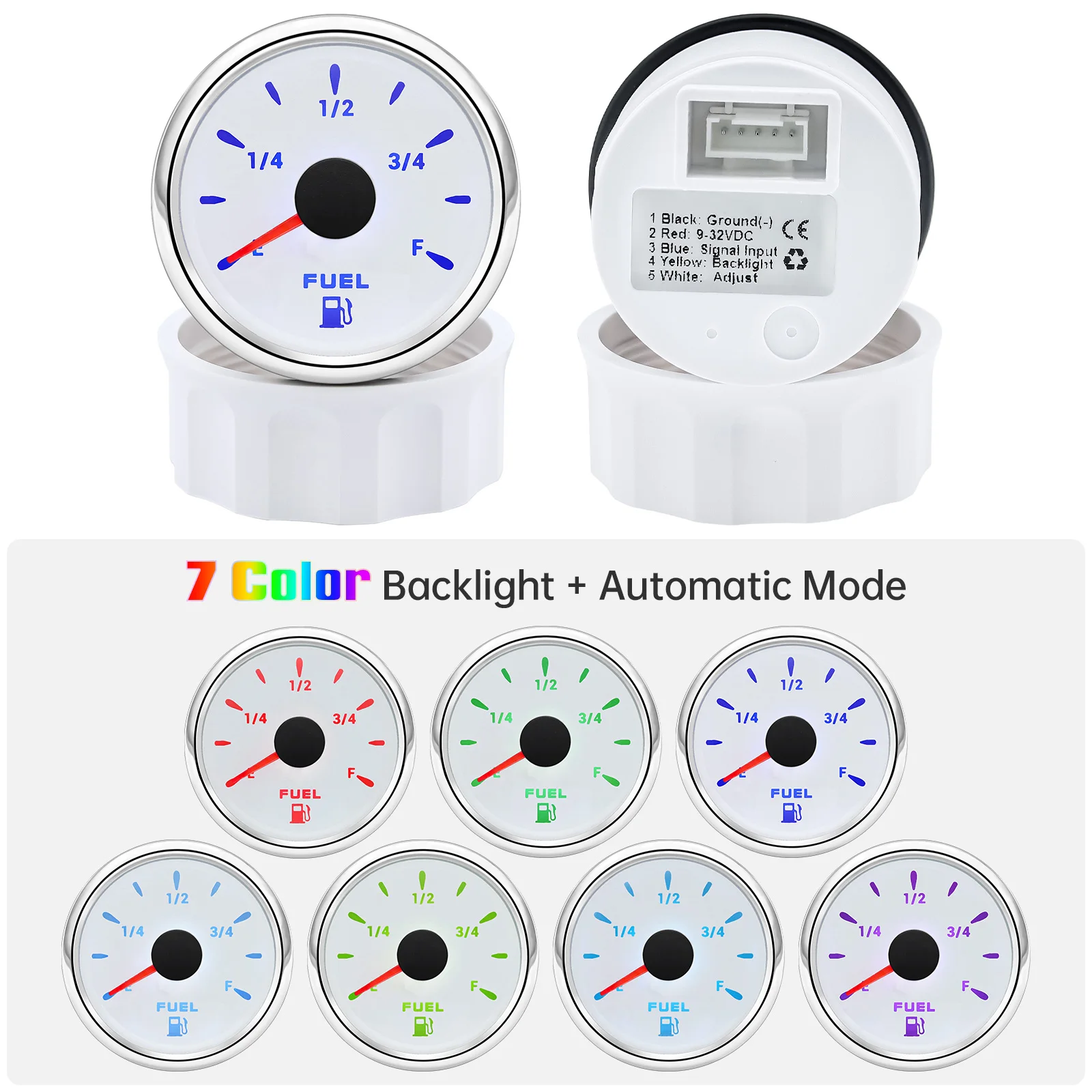 12-24v Automotive Fuel Meter 52MM 0-190ohm Fuel Level Pointer with 7Color LED Waterproof Oil Tank Level Meters for Boat Marine