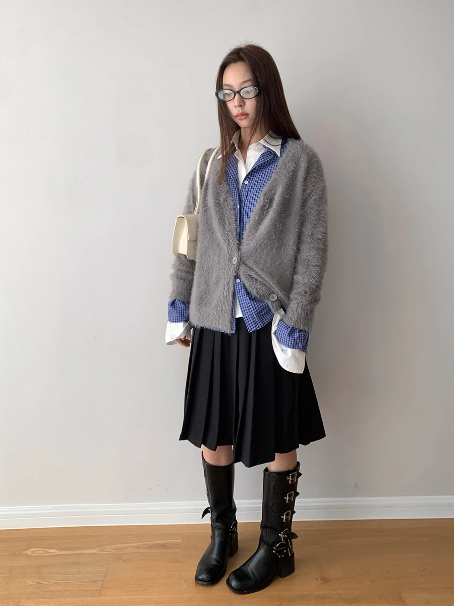 

Ambosc Autumn Winter Lazy Sle V-Ne Knitted Cardigan Coat Women's Versatile Pure Color Comfortable Fake Fur Outerwear