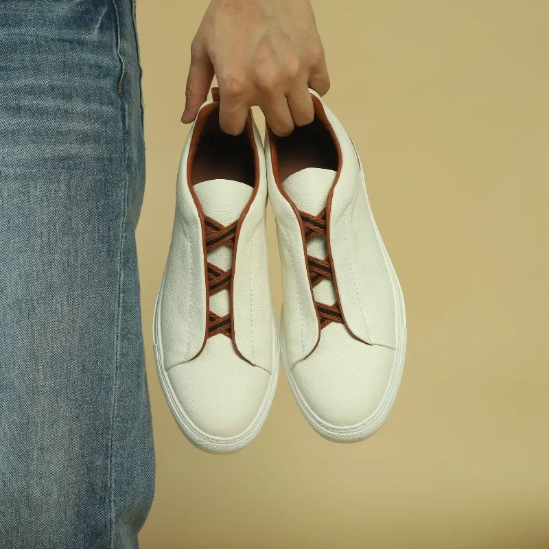 2026 Men's Cowhide Casual Shoes Genuine Leather Breathable Loafers Men Comfortable Outdoor Walking Shoes White Sneakers For Men
