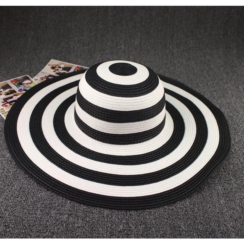 Straw Hat Female Summer Beach Large Edge Korean Version Straw Hat Foldable Black and White Striped Sun Hat Sun Visor Panama Cap