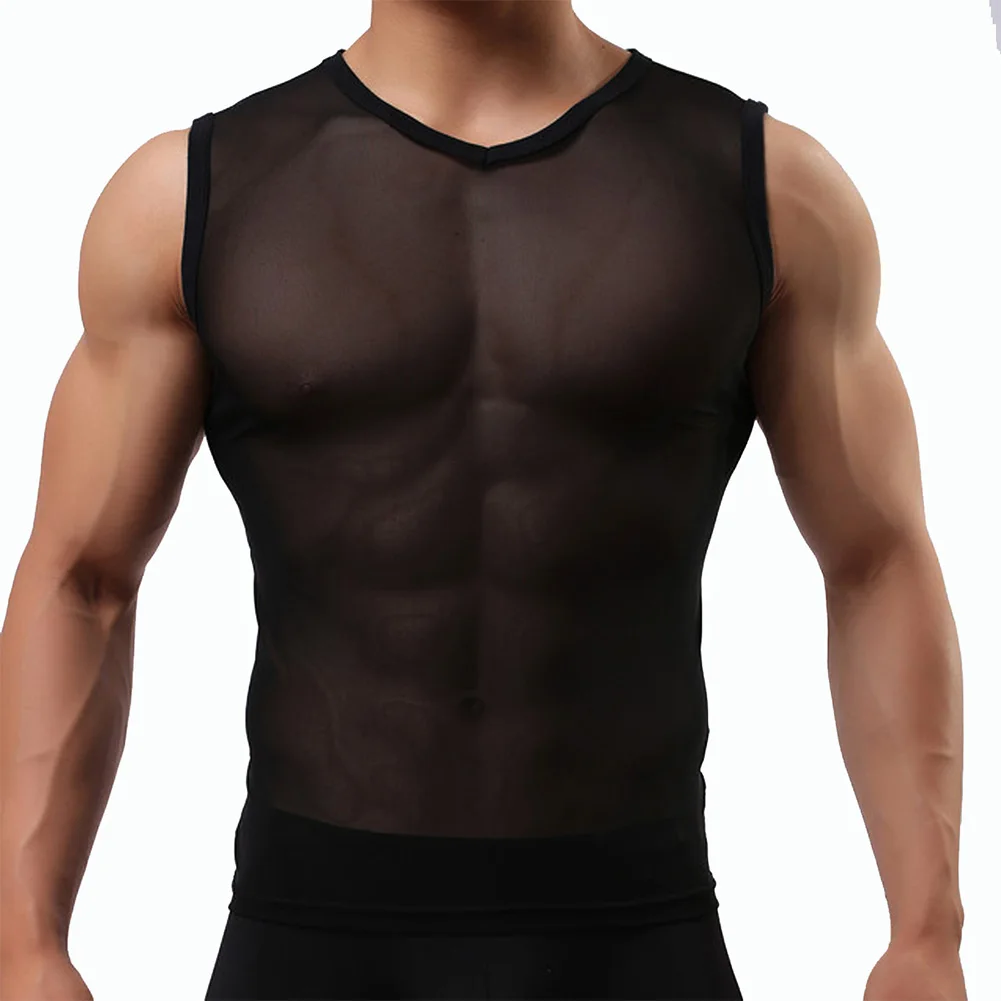 Men Undershirts Sexy Transparent Musle Tank Tops Elastic Vest Man Sleeveless Tops Sheer Fitness T-Shirt Clubwear Singlet