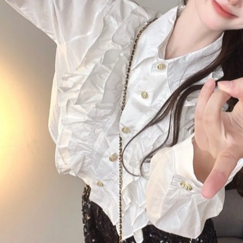 Chic Shirts for Women Turn-down Collar All-match Solid White Elegant Sweet Girls Design Spring Autumn Long Sleeve Korean Style