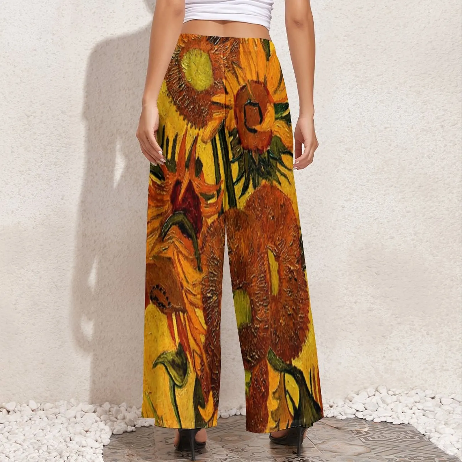 Van Gogh Pants Women Vase With Sunflowers Harajuku Trousers Elastic Waist Sexy Wide Leg Pants Gift Idea