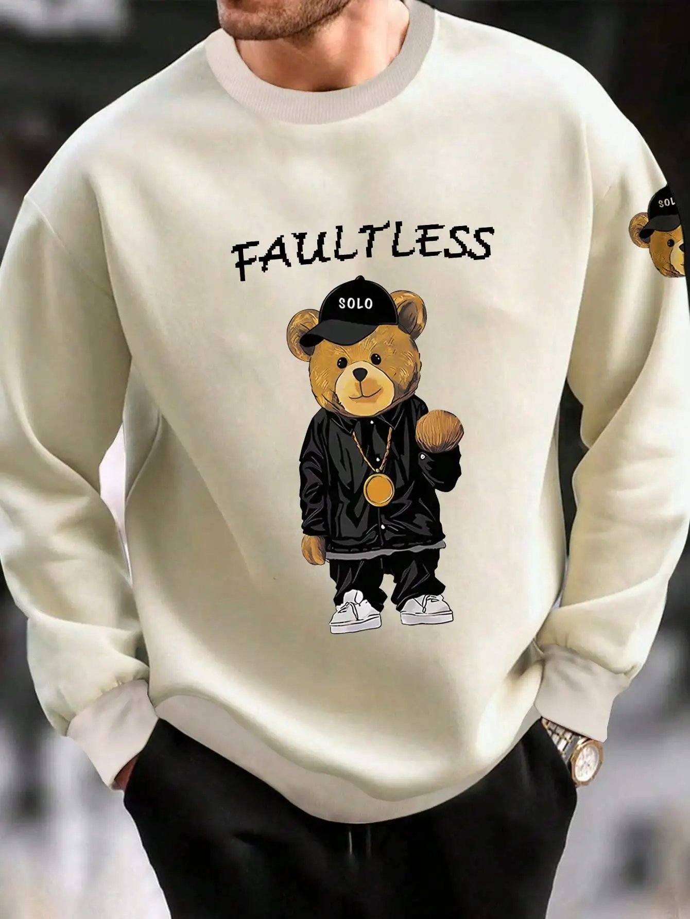 Faultless Fashion Cartoon Solo Bear Pattern Men Hoody Casual Retro Sportswear Fleece All-Match Clothing Loose Autumn Male Tops