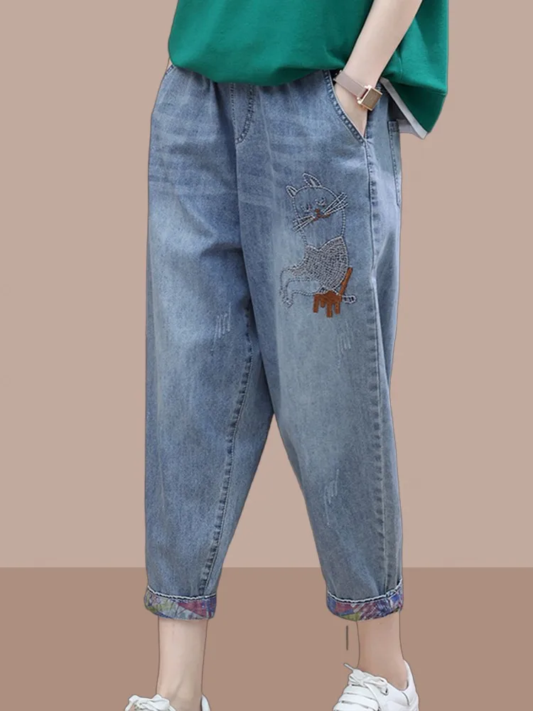 

Casual Embroidered Denim Jeans Ladies Summer New Elastic Waist Large Size Seven-Quarter Length Thin Harlan Pants Blue Jeans