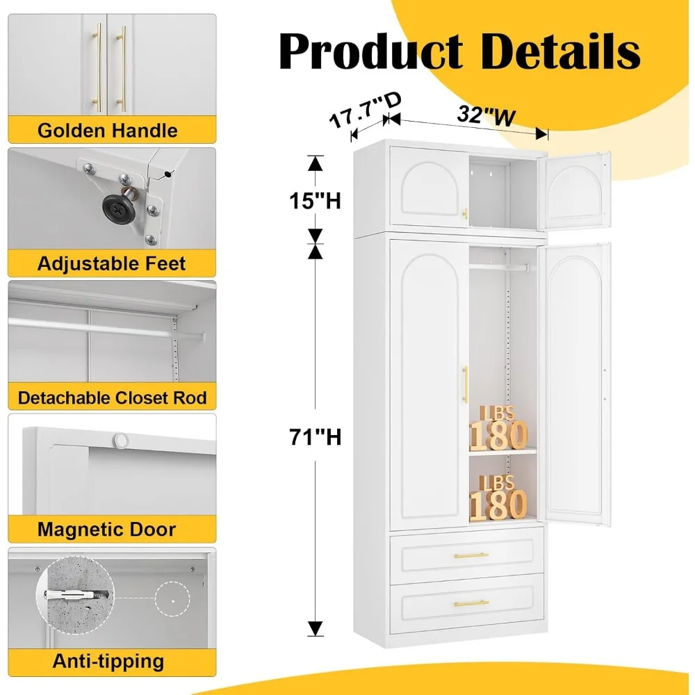 Estantería ajustable, barra colgante, armario de Metal con 2 cajones, gabinete alto de almacenamiento de ropa blanco para el hogar
