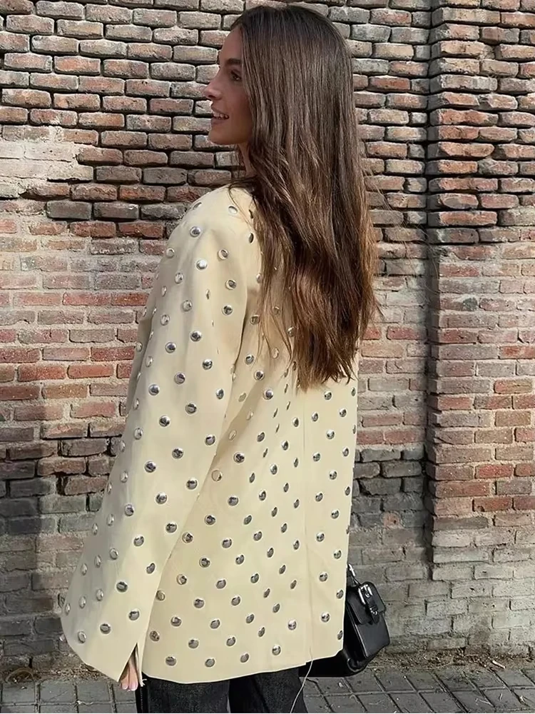 Siren Chic Women's Rivet Decoration Casual Blazer Long Sleeve V Neck Beige Spring Fall Coat