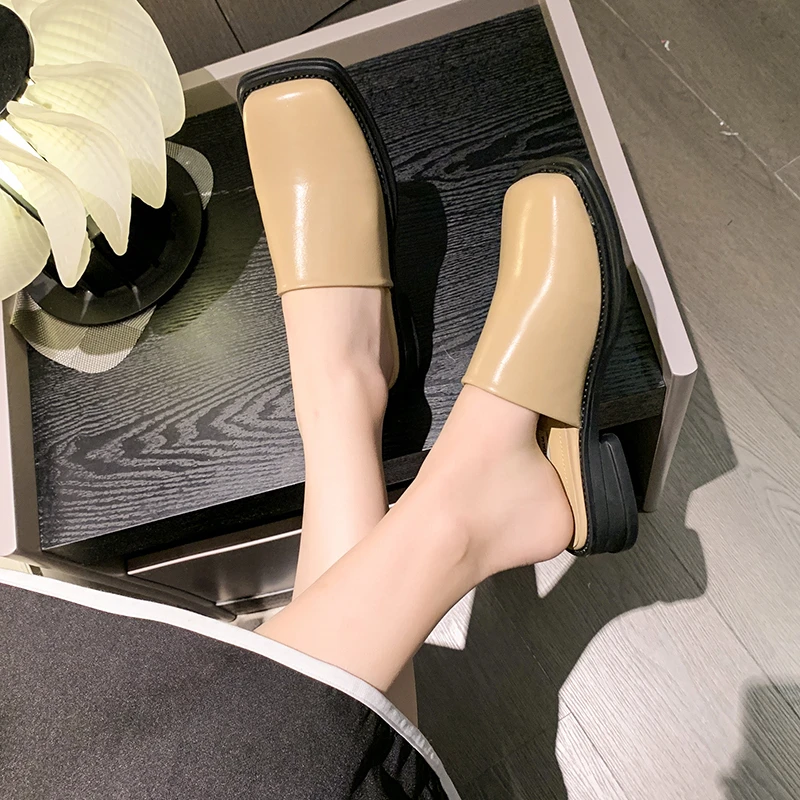 Shoes Mules For Women 2024 Square Toe Beige Heeled Sandals Ladies\' Slippers Shallow Low Loafers Black Cover Block Flat Slides Ba