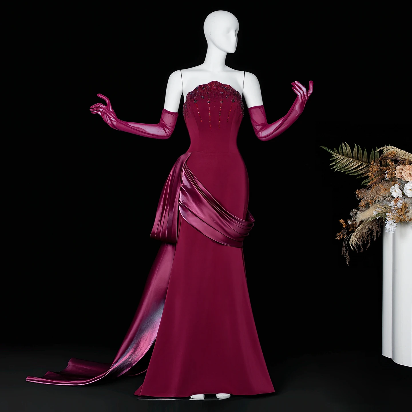 Sharon Said Dubai Weinrotes trägerloses Meerjungfrauen-Abendkleid mit Perlen und Quasten aus Satin mit Handschuhen, formelles Ballkleid für Damen SS608, maßgeschneidert – Detail 18