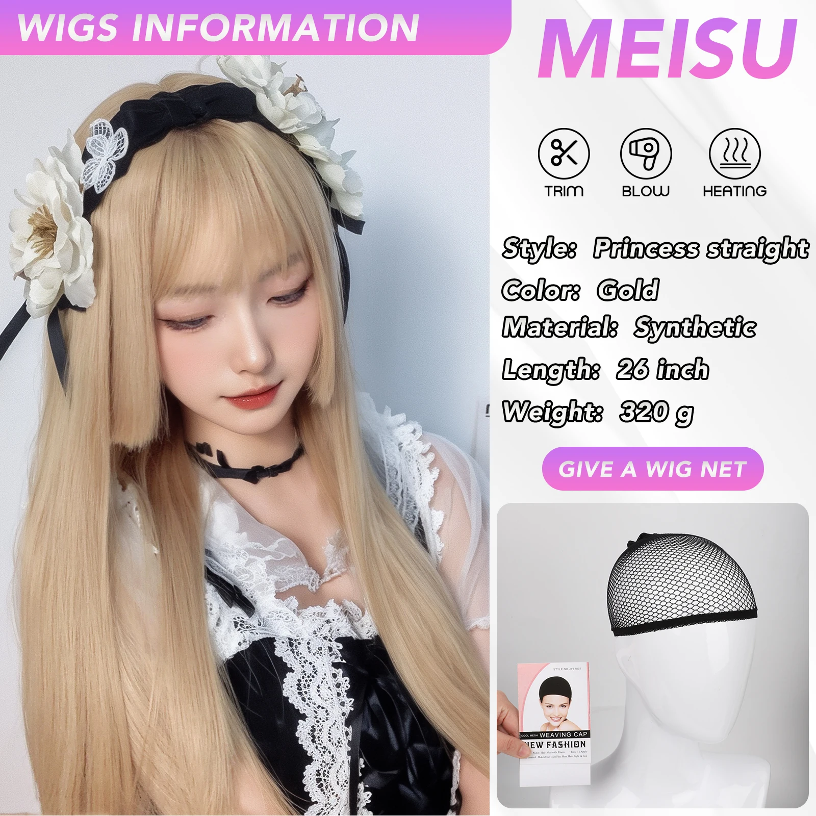 Meisu วิกผมยาวตรงสีทอง, วิกผมเจ้าหญิงหน้าม้ายาว26นิ้วใยสังเคราะห์ทนความร้อนหวานและธรรมชาติหรือเซลฟี่สำหรับผู้หญิง