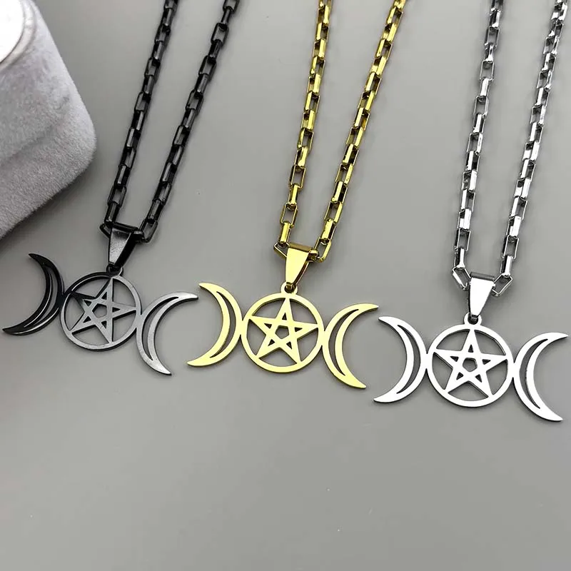 

Witchcraft Triple Moon Goddess Wicca Pentagram Star Pendant Necklace for Women Men Stainless Steel Symbol Chain Jewelry Gift