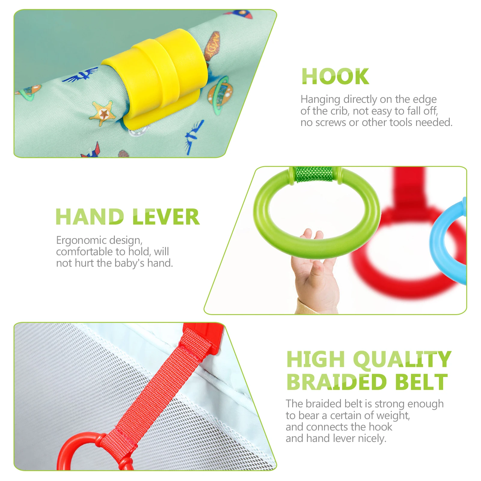 4 stuks Baby Stand Up Pull Ringen Rood Geel Groen Blauw Ergonomische Baby Walking Training Ring Kinderbed Clip Peuter Wandelen