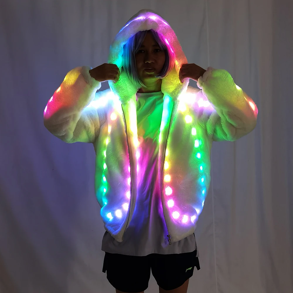 

Светодиодная модная женская шуба из искусственного меха с дистанционным управлением, меховая светящаяся светящаяся одежда, наряд для рейва, теплая куртка, цирковое шоу, сцена