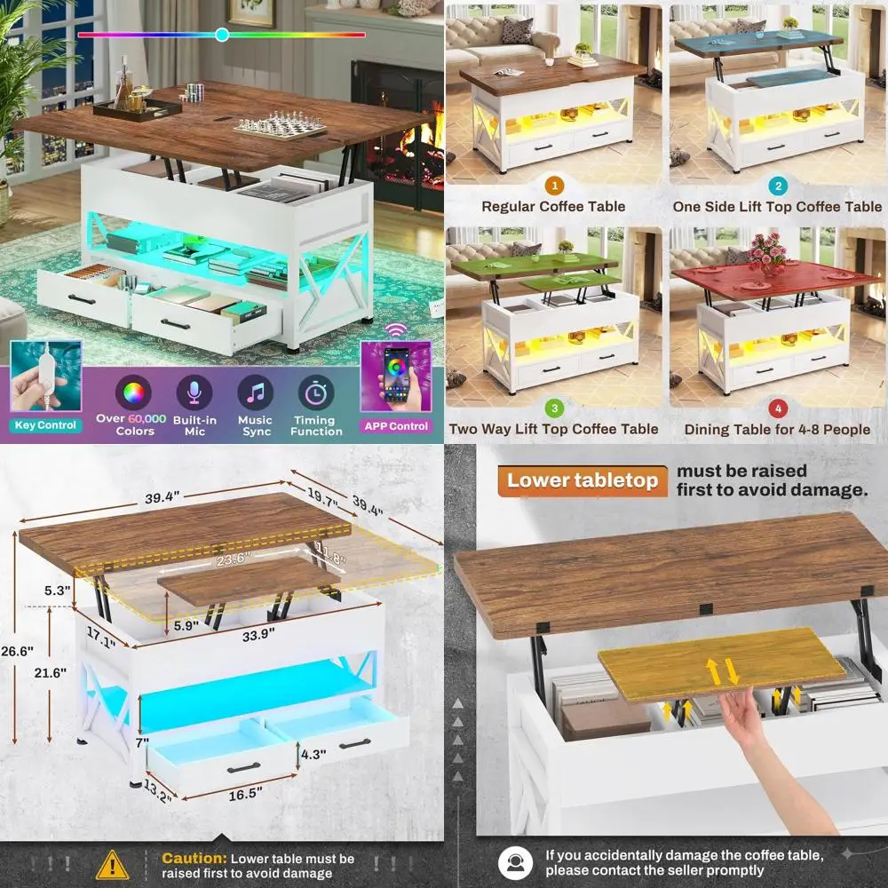 

Коричнево-белый журнальный столик 4-в-1 с подъемным верхом для хранения, ящиками и светодиодной подсветкой для гостиной и столовых