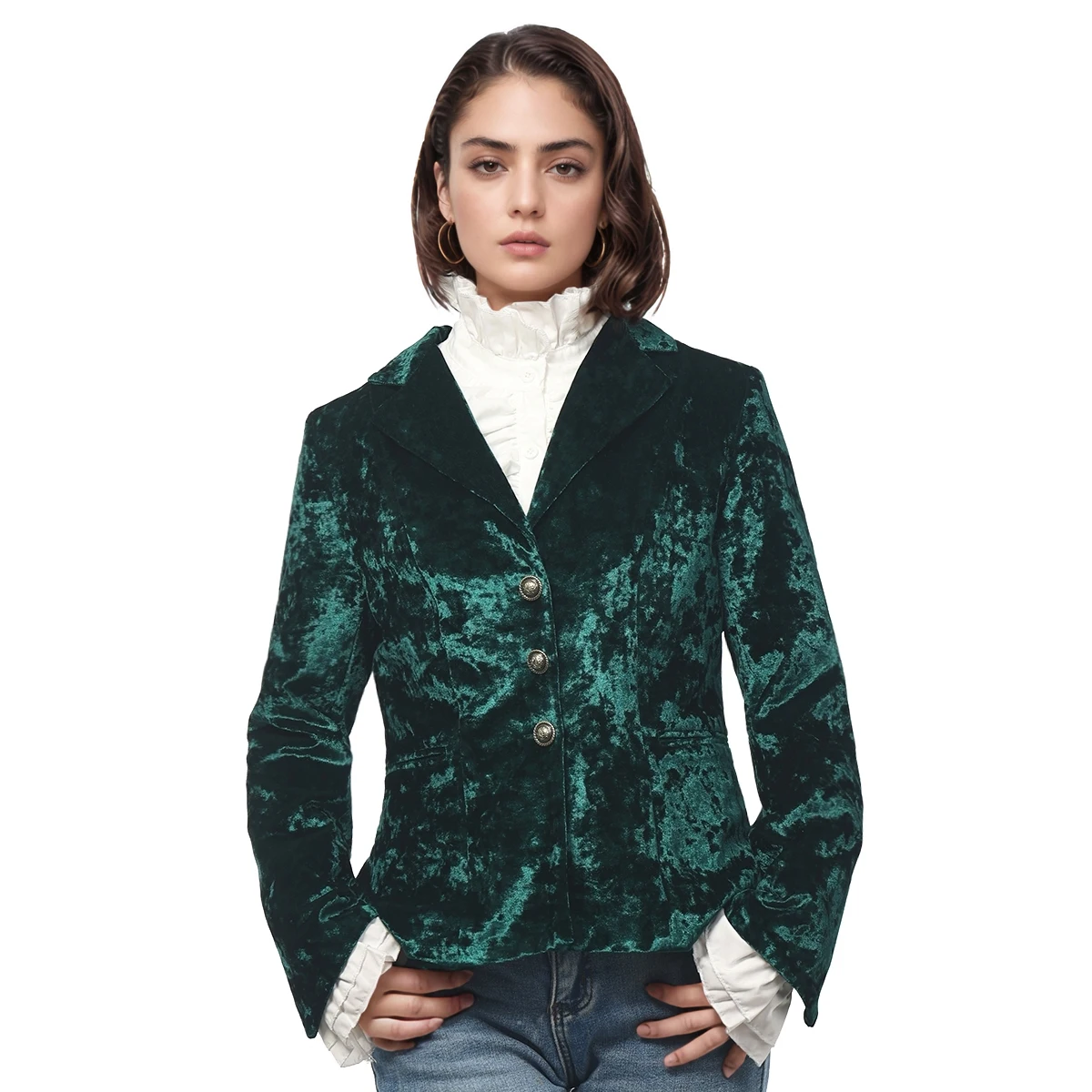 

Women's Vintage Velvet Suit Jacket V-Neck Pocket Long Sleeves Dressy Coat Retro Casual Tops