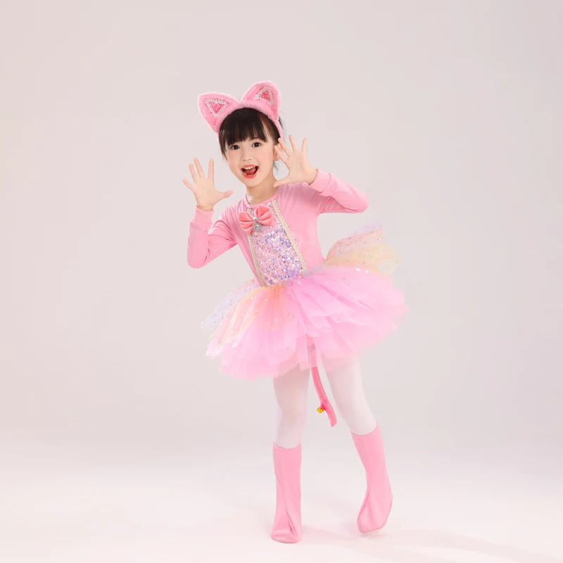 

Детский костюм для современного танца с кошачьим мотивом, с длинным и коротким рукавом, для девочек, для выступлений, в стиле джаз