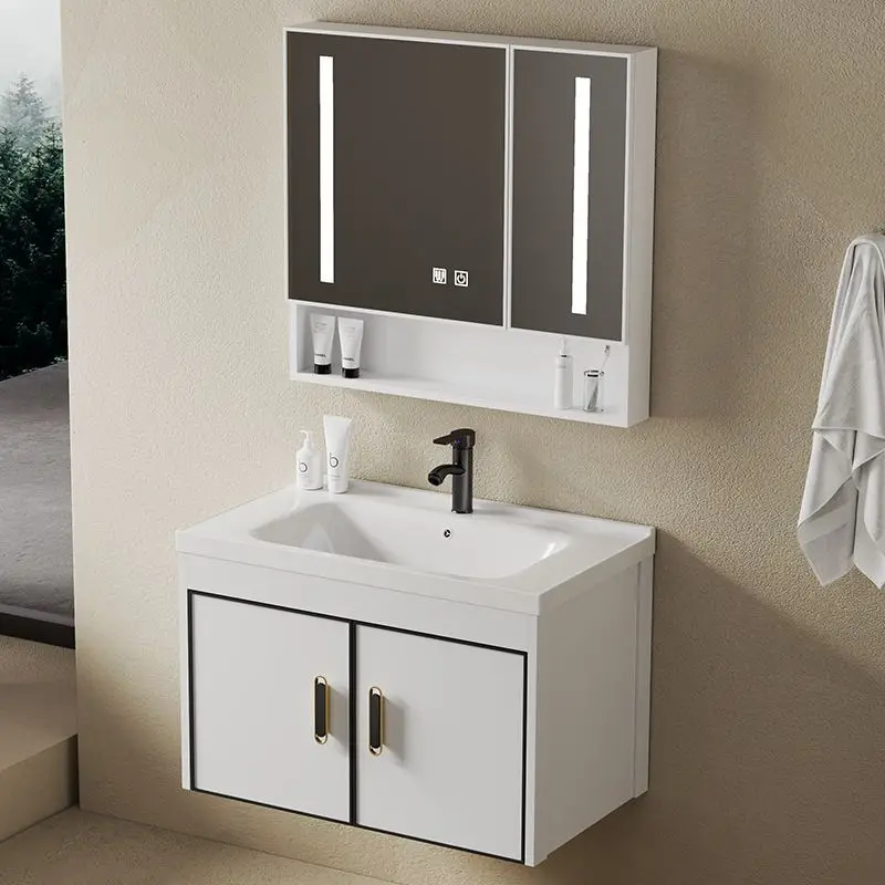 Simple washbasin small apartment wash basin cabinet combination space aluminum bathroom cabinet ceramic integrated basin