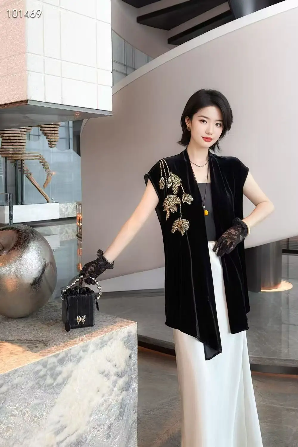 Primavera y otoño nuevo cuello en V seda + tela de terciopelo posicionamiento exquisito bordado de lentejuelas + cinturón dobladillo Irregular chaleco de mujer M-XXL