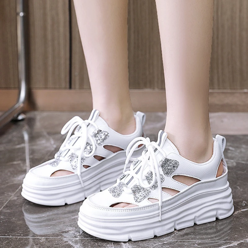 

Platform Shoes Women Sneakers 2024 Summer Breathable Hollow Out Thick Sole Inner Elevated Casual Shoes Fashion Student Trainers