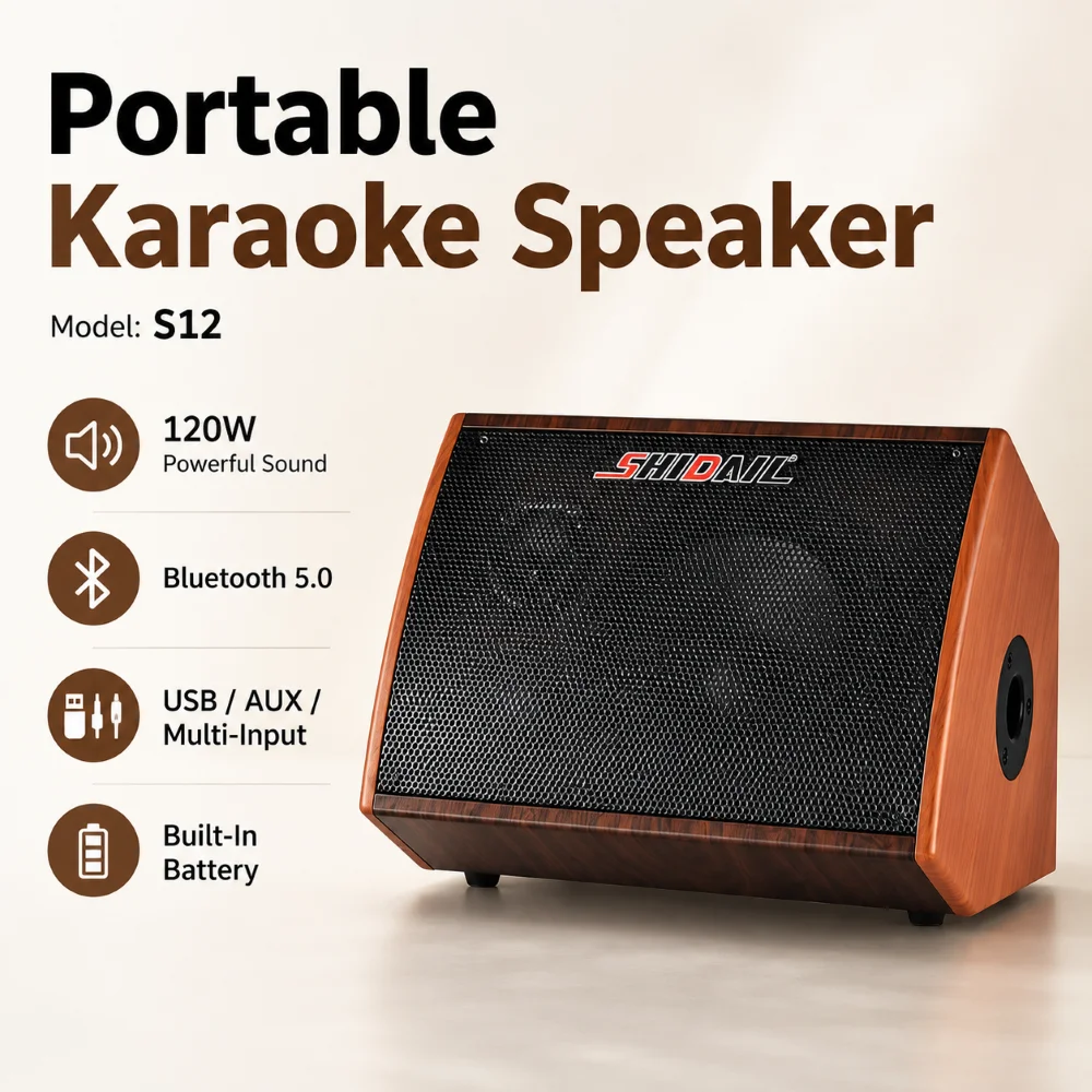 120W Portable Speakers 5.0 Bluetooth Sound Box Wooden Guitar Amp With DSP 3 Way Audio 7200mAh Battery For Outdoor Karaoke Live