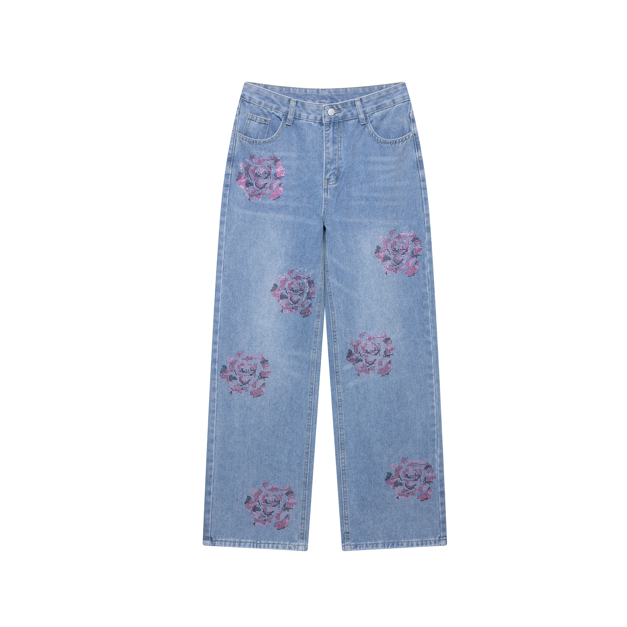 

PB&ZA2025 Summer New Women's Casual Fashion Simple and Comfortable Rhinestones Mid-waist Loose Casual Jeans
