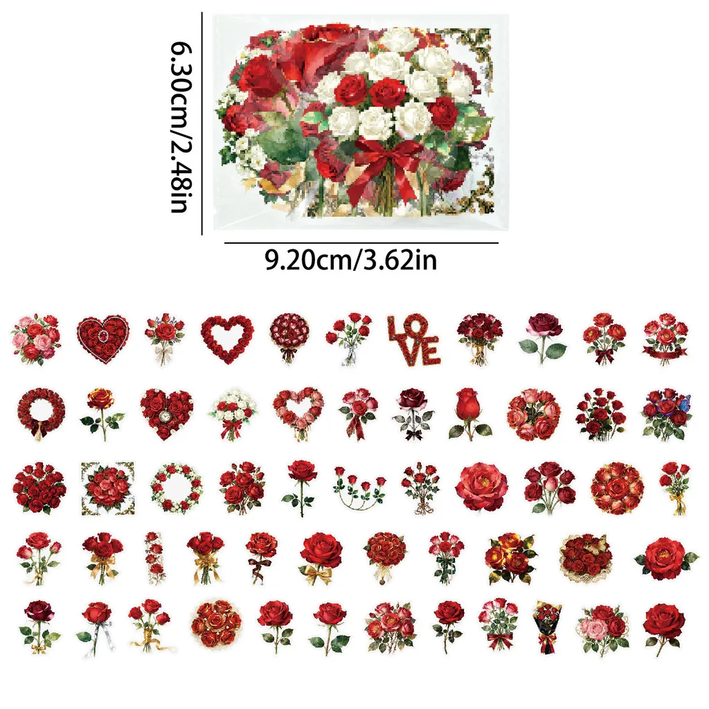 

56Pcs Red Rose Floral Clear PET Stickers - Heart-shaped Bouquet Decals for Romantic Holiday Birthday Decoration Papery Pop Store