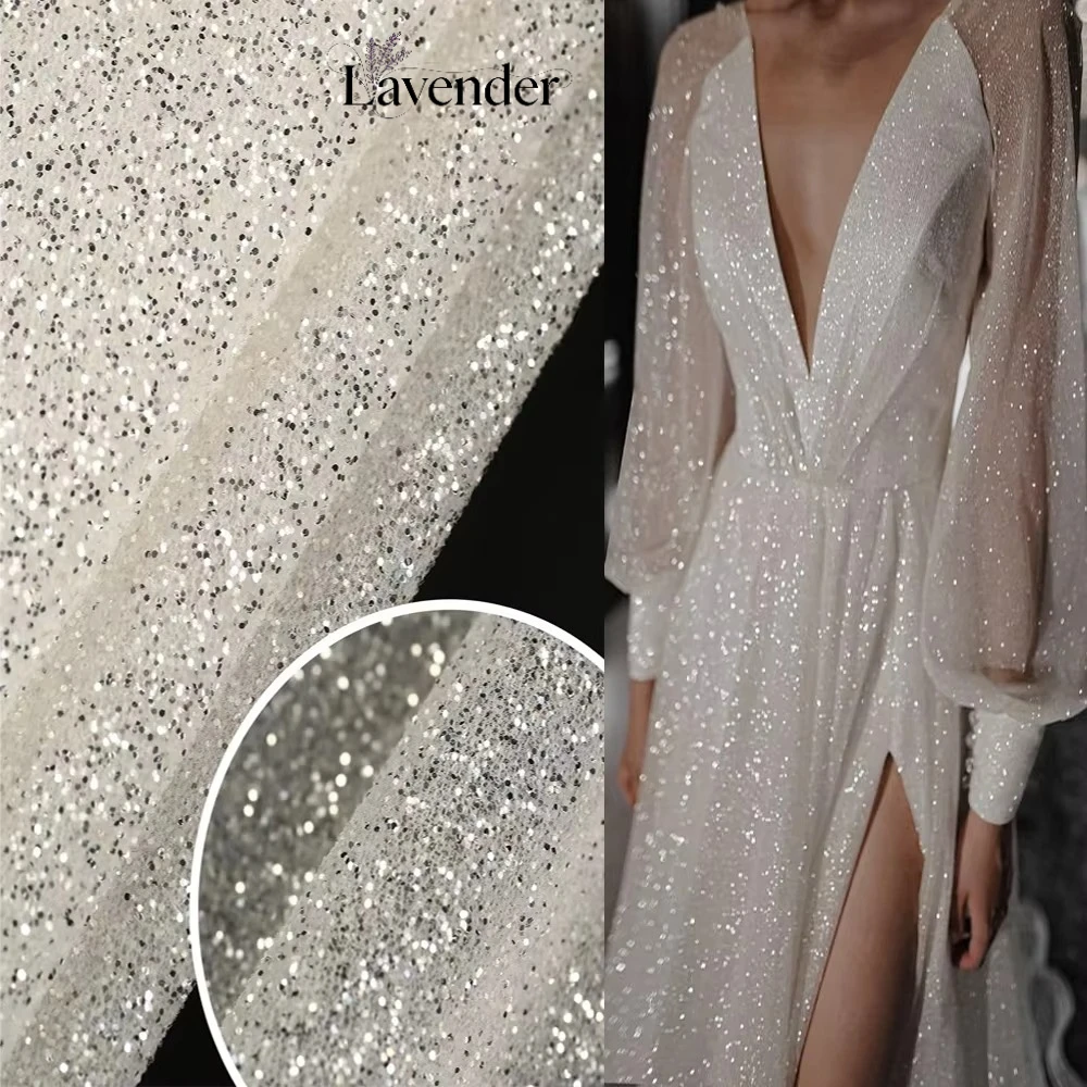 

White Glued Glitter Lace Fabric Sparkle French Tulle Fabric Sequins Lace With Shimmer for Wedding Evening Dress