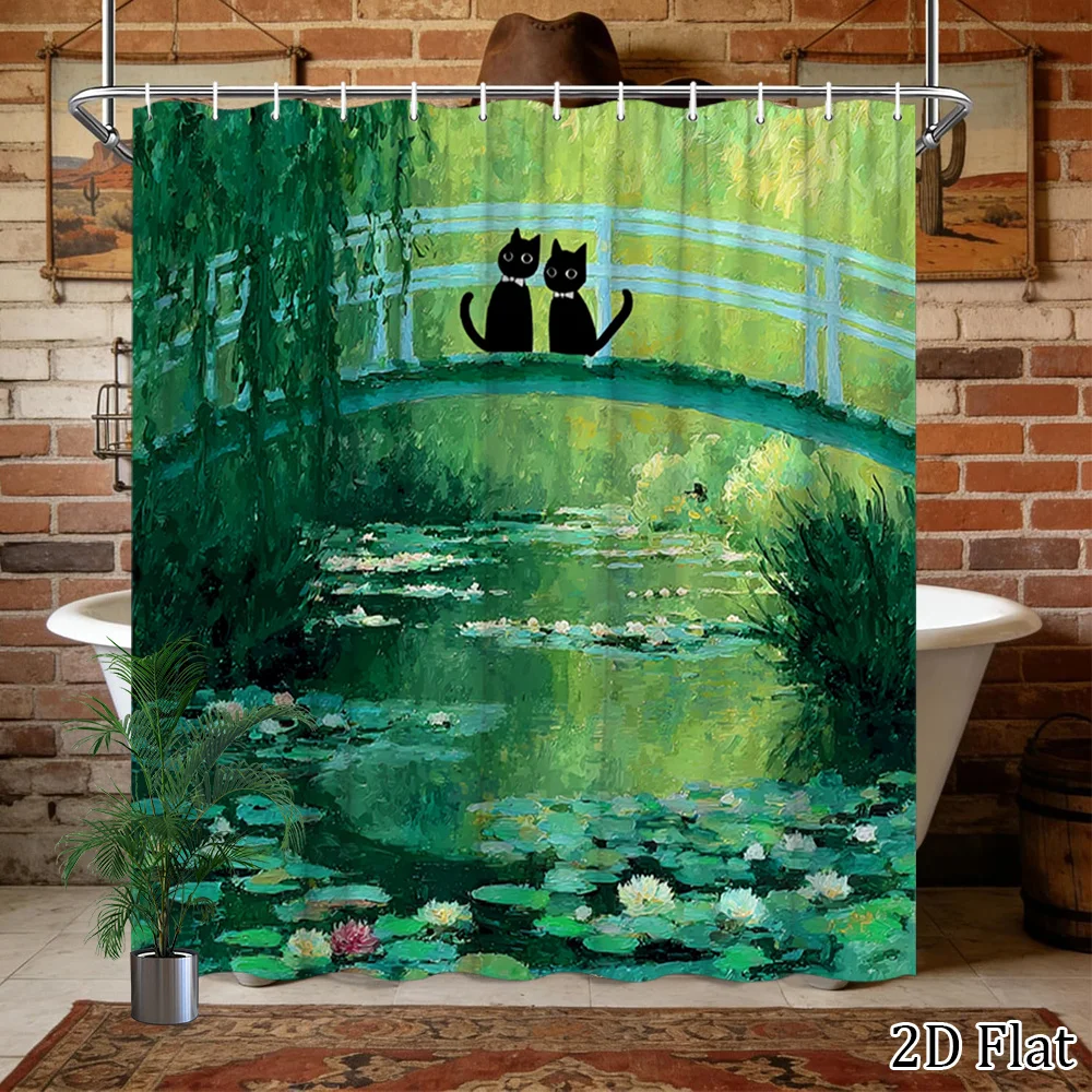 Cute Cat Pond Garden Shower Curtain Bathroom Decor Waterproof Liner Japanese Willow Stream Print Stylish Cat Lover Gift Home Acc
