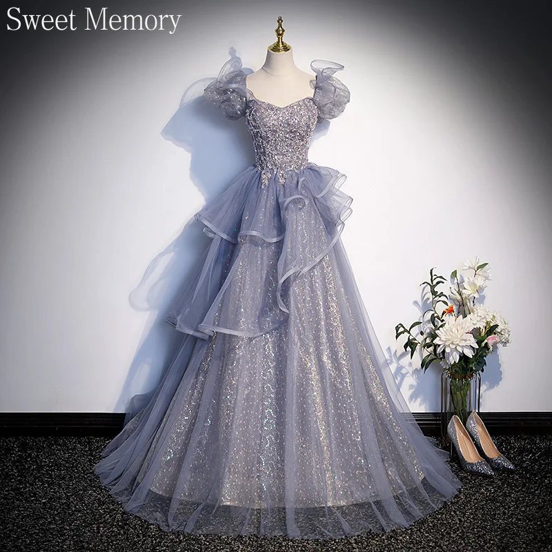 O142 Sweet Memory Floor Length Grey Blue Bespoke Occasion Dresses for Women Party Wedding Evening Gown Girl Lady Christmas Dress