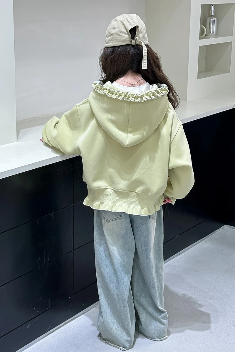 Mädchen Kapuzenpullover Frühling Herbst 2026 Neuer Stil Süßer Niedlicher Rüschenbesatz Reißverschluss-Mantel mit Taschen Kinderkleidung – Detail 11