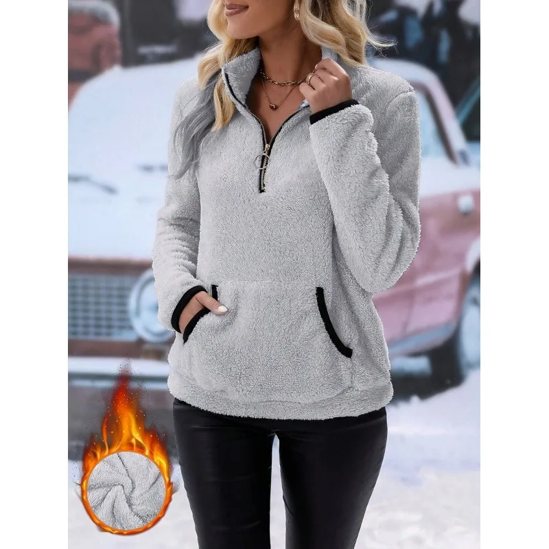 Women's Fuzzy Half Zip Pullover Sweatshirt Long Sleeve Fleece Top with Kangaroo Pocket Autumn Winter Warm Casual Coat