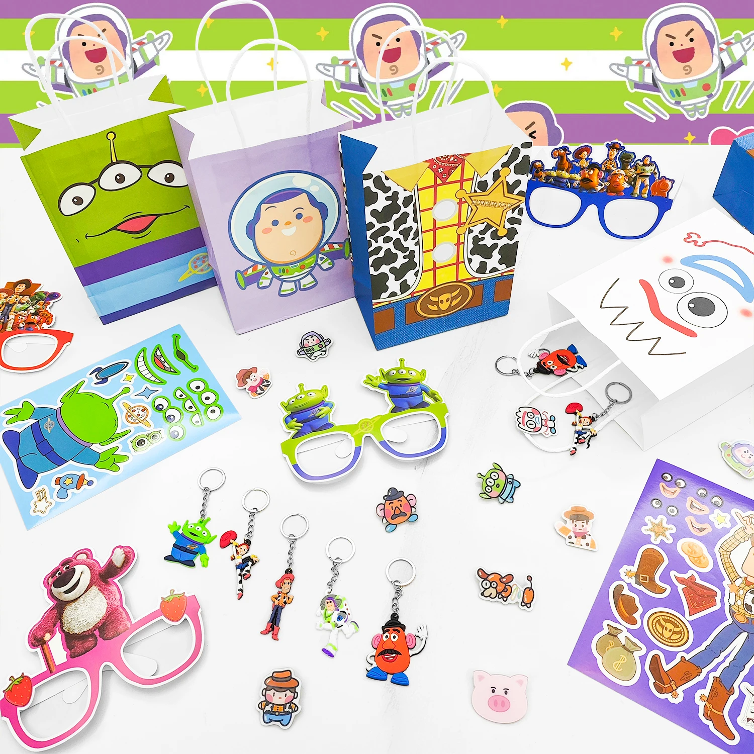 Toy Story Party Favors for Kids, 50pcs Toy Story Birthday Party Favors Set-Goodie Bags Key Chains Stickers Photo Props etc