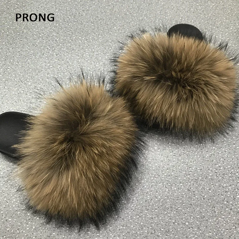 Fluffy Furry Fur Slippers Real Fox Fur Slides For Women Summer PVC Sole Flip Flops Sandals Woman Open Toe Shoes Slippers