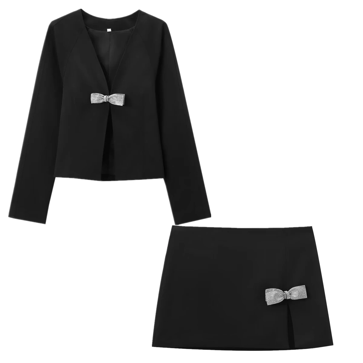 

Withered Fashion Women's Bow Skirt Women Decoration Casual Blazers Suit Mini Black Two Pieces Set