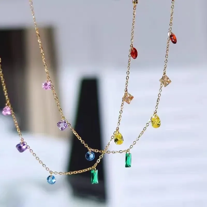 

Bohemia Cute Colorful Crystal Pendant Necklace for Women Luxury Gold color Stainless Steel Emerald Choker Jewelry gift Colorfast
