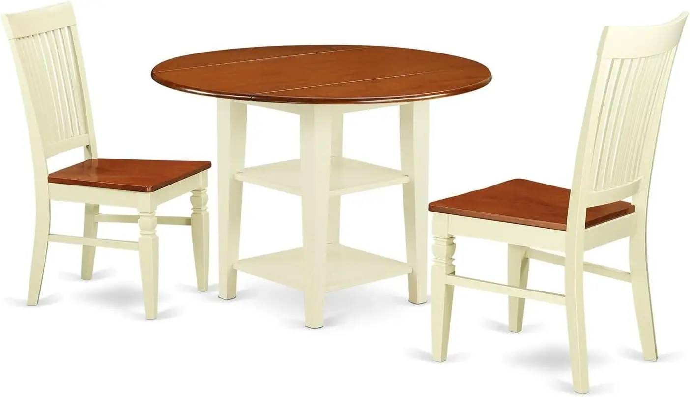 

3 Piece Kitchen Set Contains a Round Table with Dropleaf & Shelves and 2 Dining Room Chairs, 42x42 Inch, Buttermilk & Cherry