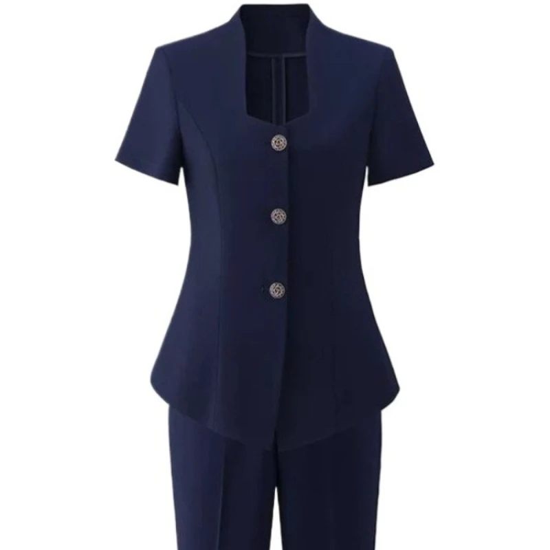 

Women's Professional Suit Set for Summer Short-Sleeve Formal Work Suit with Long Pants Beauty Salon & Hotel Front Desk