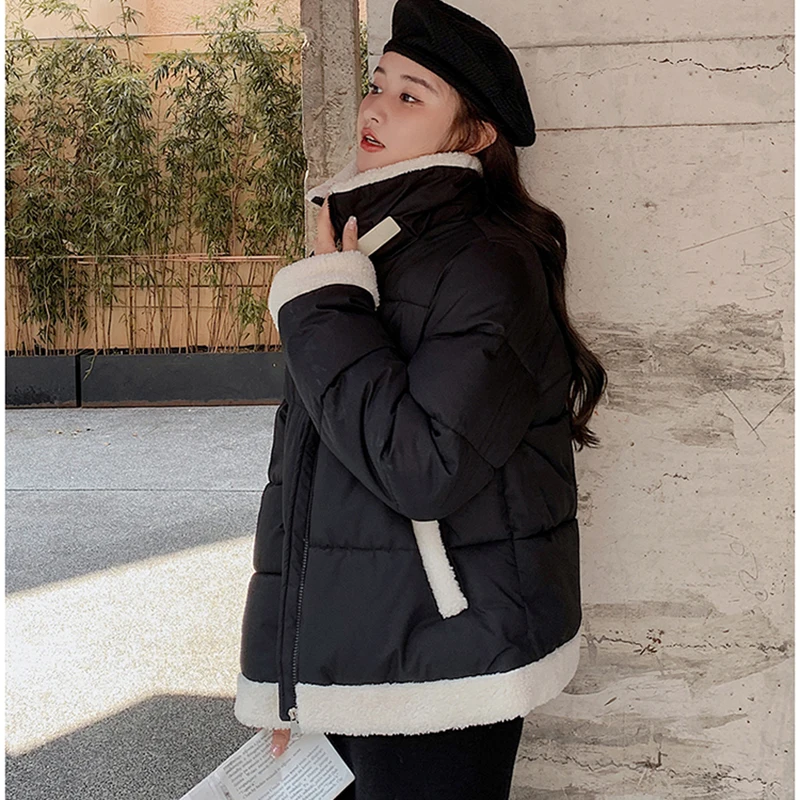 Gidyq Korean Women Lamb Wool Jacket Winter Casual Streetwear Loose Thick Warm Parkas Casual Female Patchwork All Match Overcoat