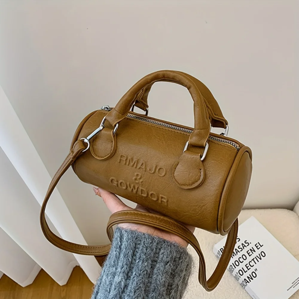 Vintage Retro PU Leather Mini Barrel Bag - Women's Boston Handbag for Shoulder & Crossbody