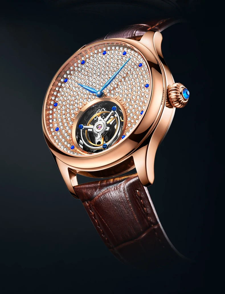 AESOP 7012 jam tangan mekanis pria, arloji mewah Tourbillon gerakan berongga berlian penuh bertatahkan safir 2024