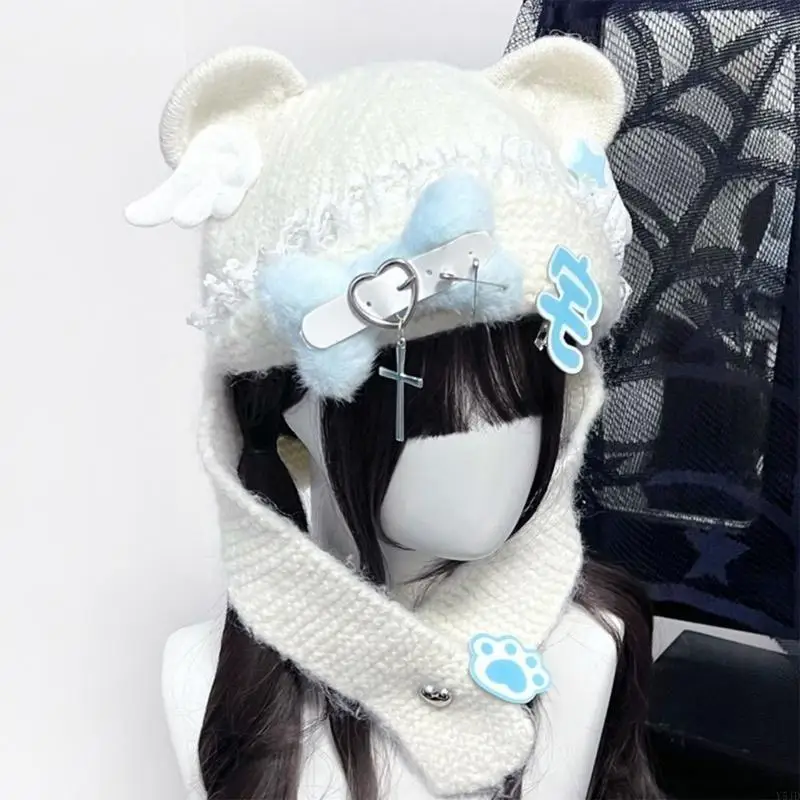 Y5JD Punk Cartoon Cartoon Hat مع أذن جميلة وعظام للرياضة في الهواء الطلق فروي بيني قبعة رأس كبيرة الحجم لفصل الشتاء #5