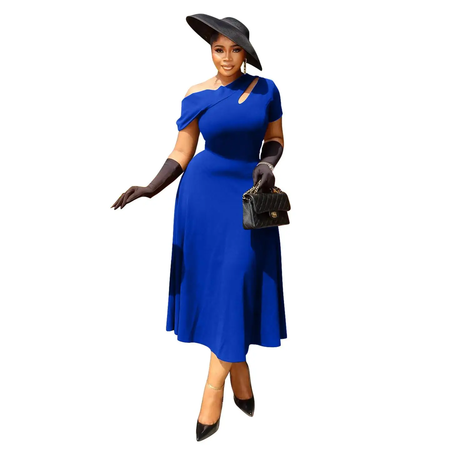 

Fashionable Hollow out Pure Color Waist-Cinching Dress Women's Summer Trendy Side Neck Design Long A-Line Gown City Walk