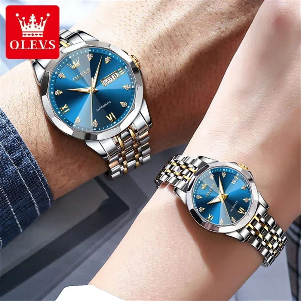 OLEVS 9982 Jam Tangan pasangan ดั้งเดิมสุดหรูนาฬิกาข้อมือ zircon Scale กันน้ำส่องสว่างเซ็ตนาฬิกา his and HERS hombre