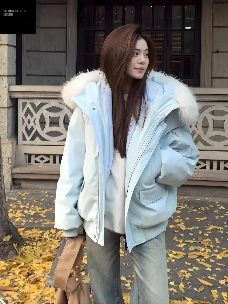 

Ultra-Thi Moonlight Blue down Parka Women's Winter Coat Large Fur Collar American Sle Hooded Cotton Jaet Warm Regular Fit